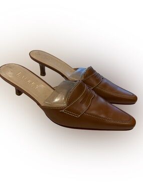 Lauren Ralph Lauren Tan Embossed Mules Kitten Heels White Stitching Sz 6